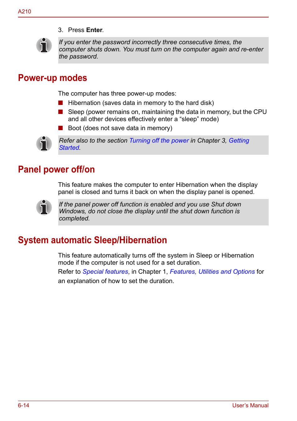 Power-up modes, Panel power off/on, System automatic sleep/hibernation | Toshiba Equium A210 User Manual | Page 108 / 170