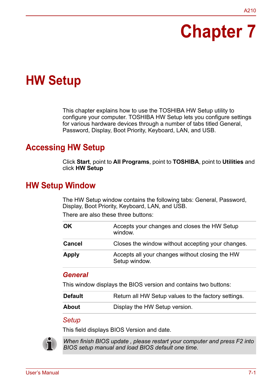 Chapter 7 - hw setup, Accessing hw setup, Hw setup window | Chapter 7, Hw setup, Accessing hw setup -1 hw setup window -1 | Toshiba Equium A210 User Manual | Page 109 / 170