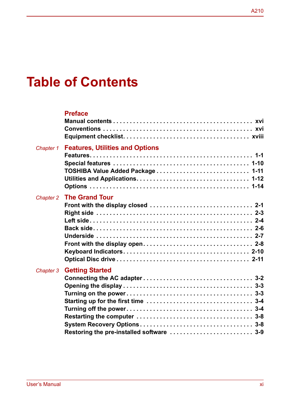 Toshiba Equium A210 User Manual | Page 11 / 170