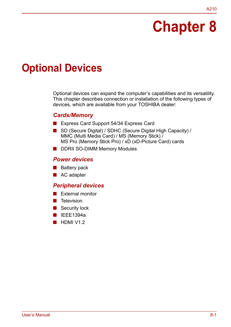 Chapter 8 - optional devices, Chapter 8, Optional devices | Toshiba Equium A210 User Manual | Page 113 / 170