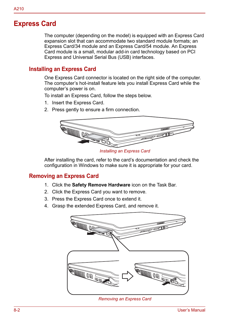 Express card, Express card -2, Installing an express card | Removing an express card | Toshiba Equium A210 User Manual | Page 114 / 170