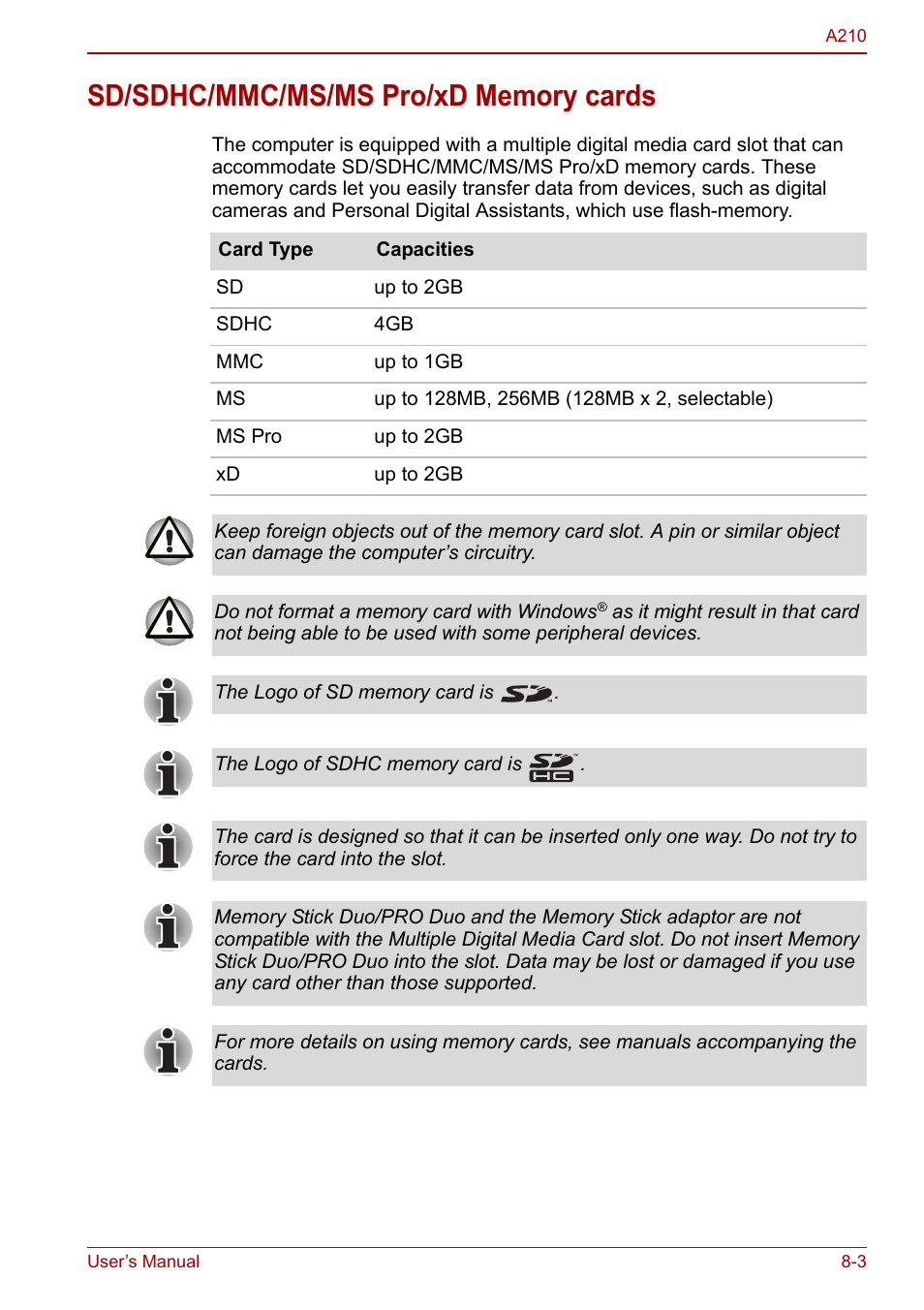 Sd/sdhc/mmc/ms/ms pro/xd memory cards, Sd/sdhc/mmc/ms/ms pro/xd memory cards -3 | Toshiba Equium A210 User Manual | Page 115 / 170