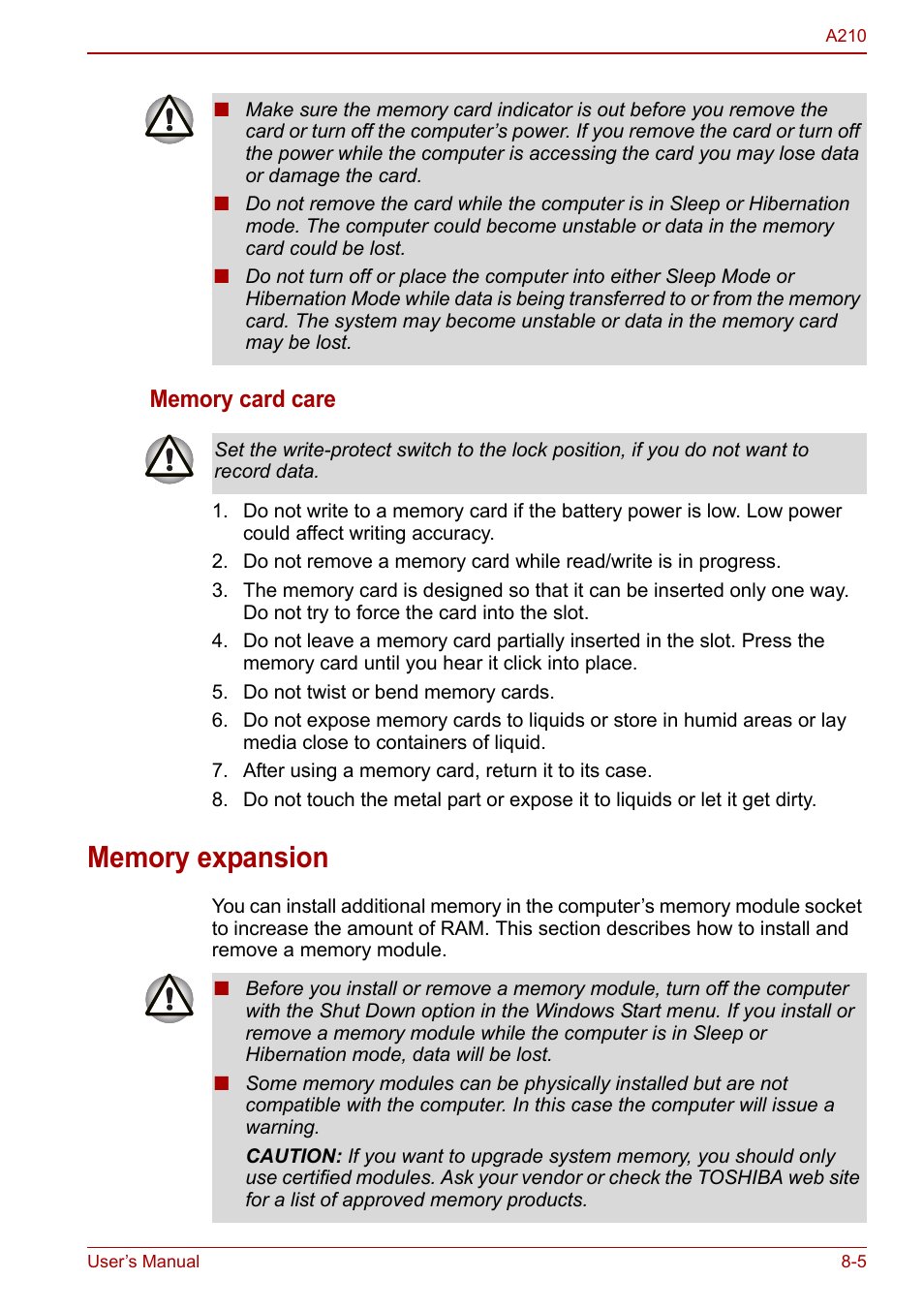 Memory expansion, Memory expansion -5 | Toshiba Equium A210 User Manual | Page 117 / 170