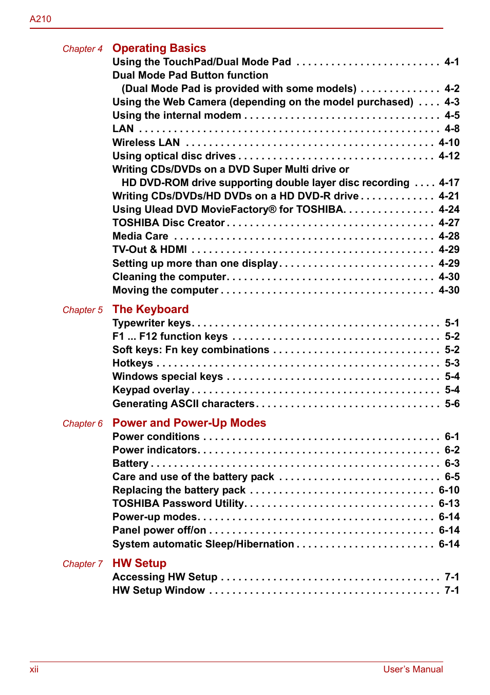 Toshiba Equium A210 User Manual | Page 12 / 170