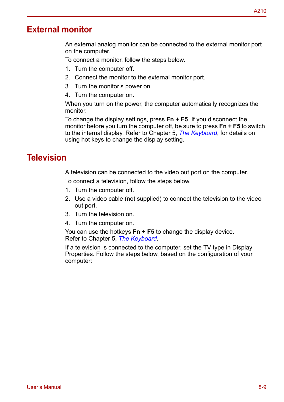 External monitor, Television, External monitor -9 television -9 | Toshiba Equium A210 User Manual | Page 121 / 170