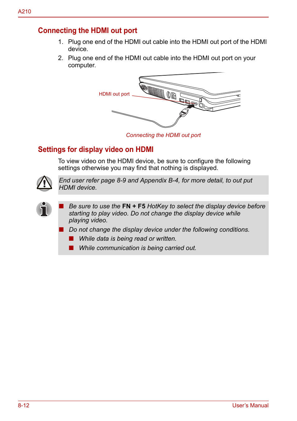 Connecting the hdmi out port, Settings for display video on hdmi | Toshiba Equium A210 User Manual | Page 124 / 170