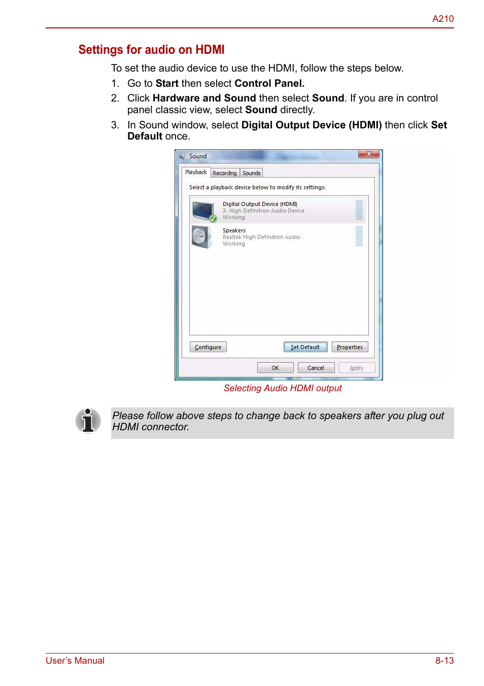 Settings for audio on hdmi | Toshiba Equium A210 User Manual | Page 125 / 170