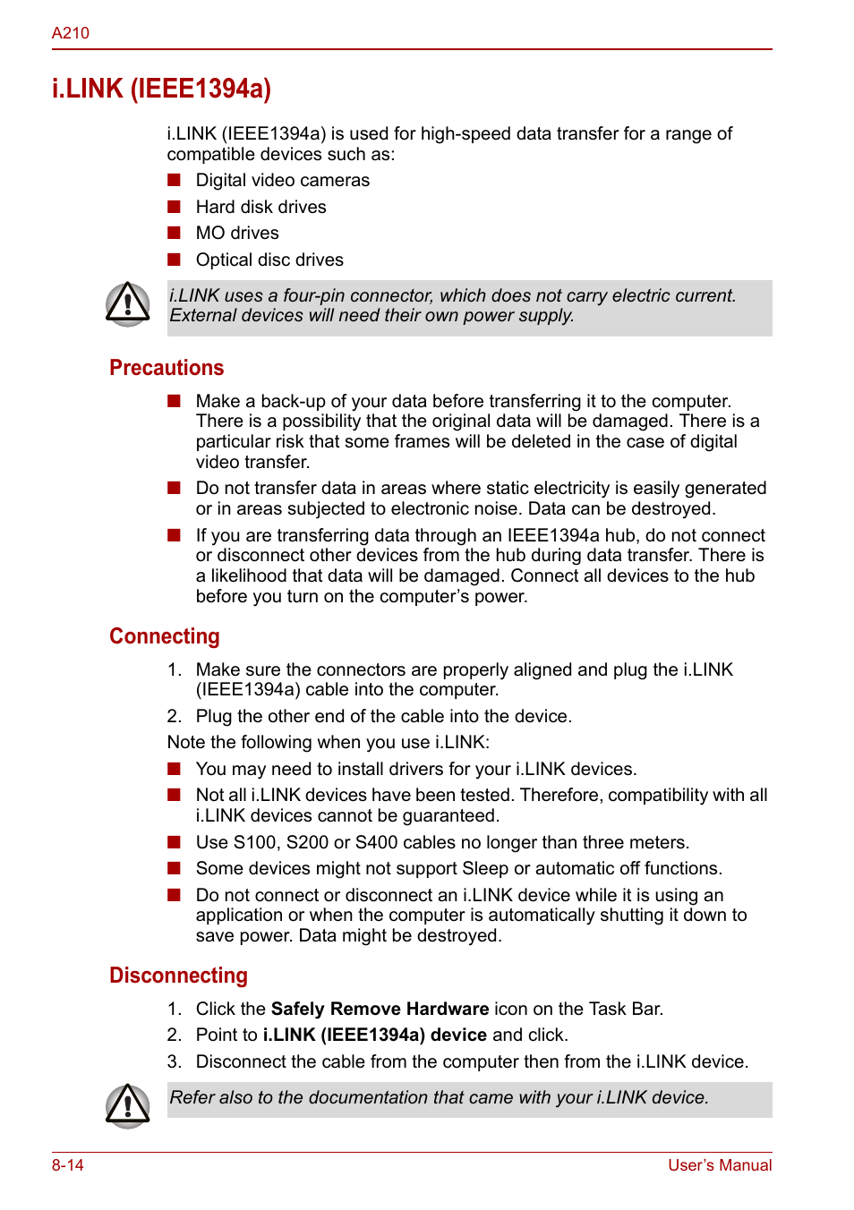 I.link (ieee1394a), I.link (ieee1394a) -14, Precautions | Connecting, Disconnecting | Toshiba Equium A210 User Manual | Page 126 / 170