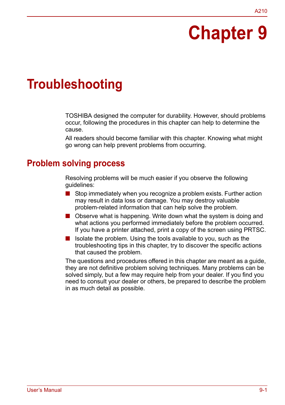 Chapter 9 - troubleshooting, Problem solving process, Chapter 9 | Troubleshooting, Problem solving process -1 | Toshiba Equium A210 User Manual | Page 129 / 170