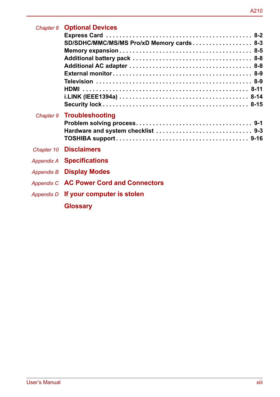 Toshiba Equium A210 User Manual | Page 13 / 170