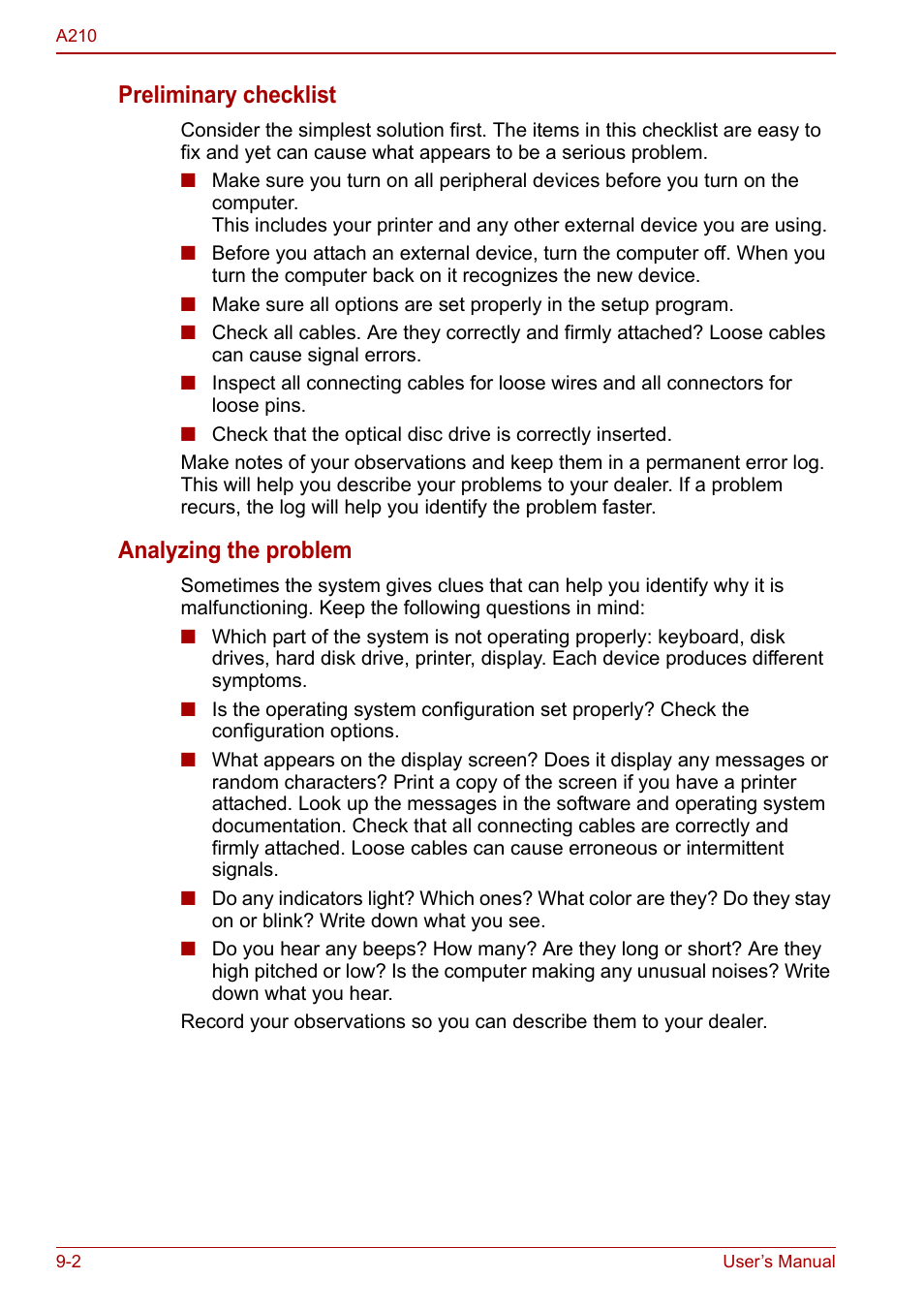 Preliminary checklist, Analyzing the problem | Toshiba Equium A210 User Manual | Page 130 / 170