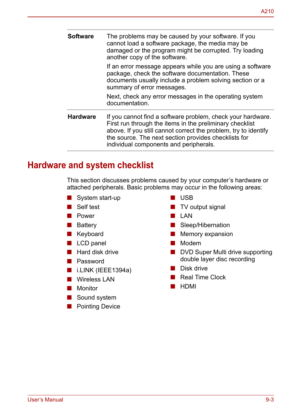 Hardware and system checklist, Hardware and system checklist -3 | Toshiba Equium A210 User Manual | Page 131 / 170