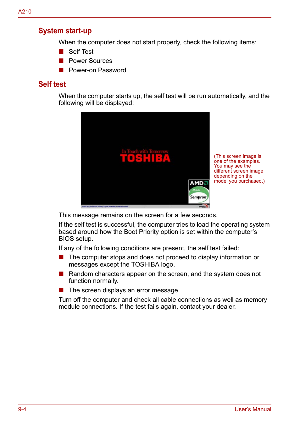 System start-up, Self test | Toshiba Equium A210 User Manual | Page 132 / 170