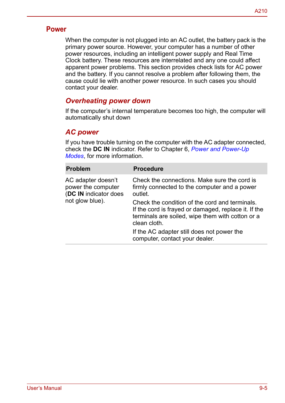 Power | Toshiba Equium A210 User Manual | Page 133 / 170