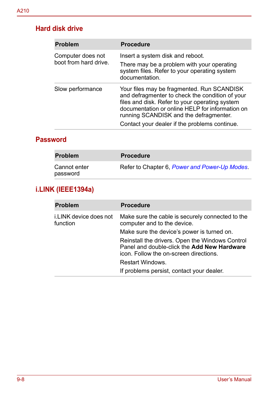 Hard disk drive password i.link (ieee1394a) | Toshiba Equium A210 User Manual | Page 136 / 170