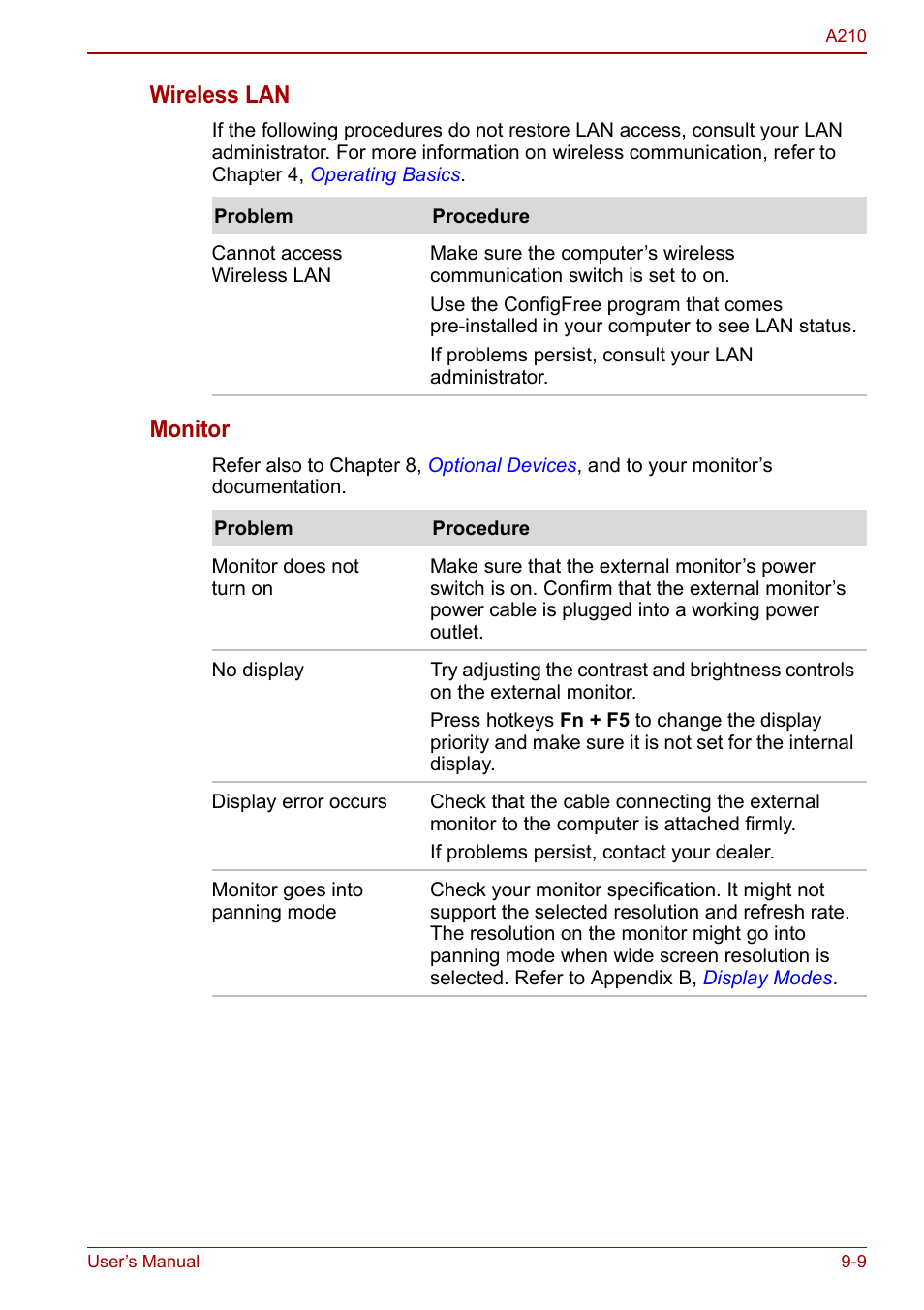 Wireless lan, Monitor | Toshiba Equium A210 User Manual | Page 137 / 170