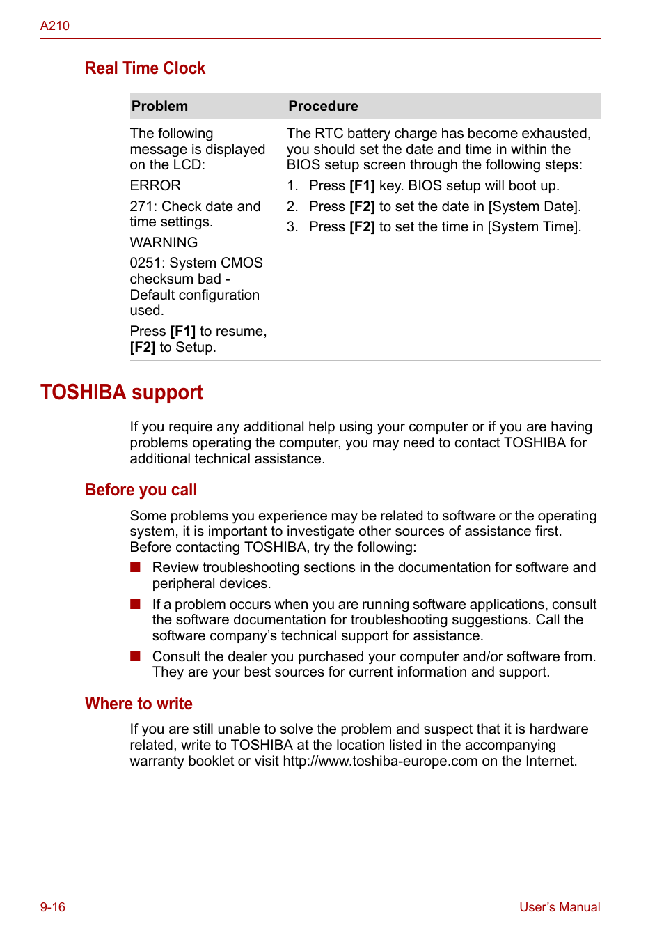 Toshiba support, Toshiba support -16, Real time clock | Before you call, Where to write | Toshiba Equium A210 User Manual | Page 144 / 170