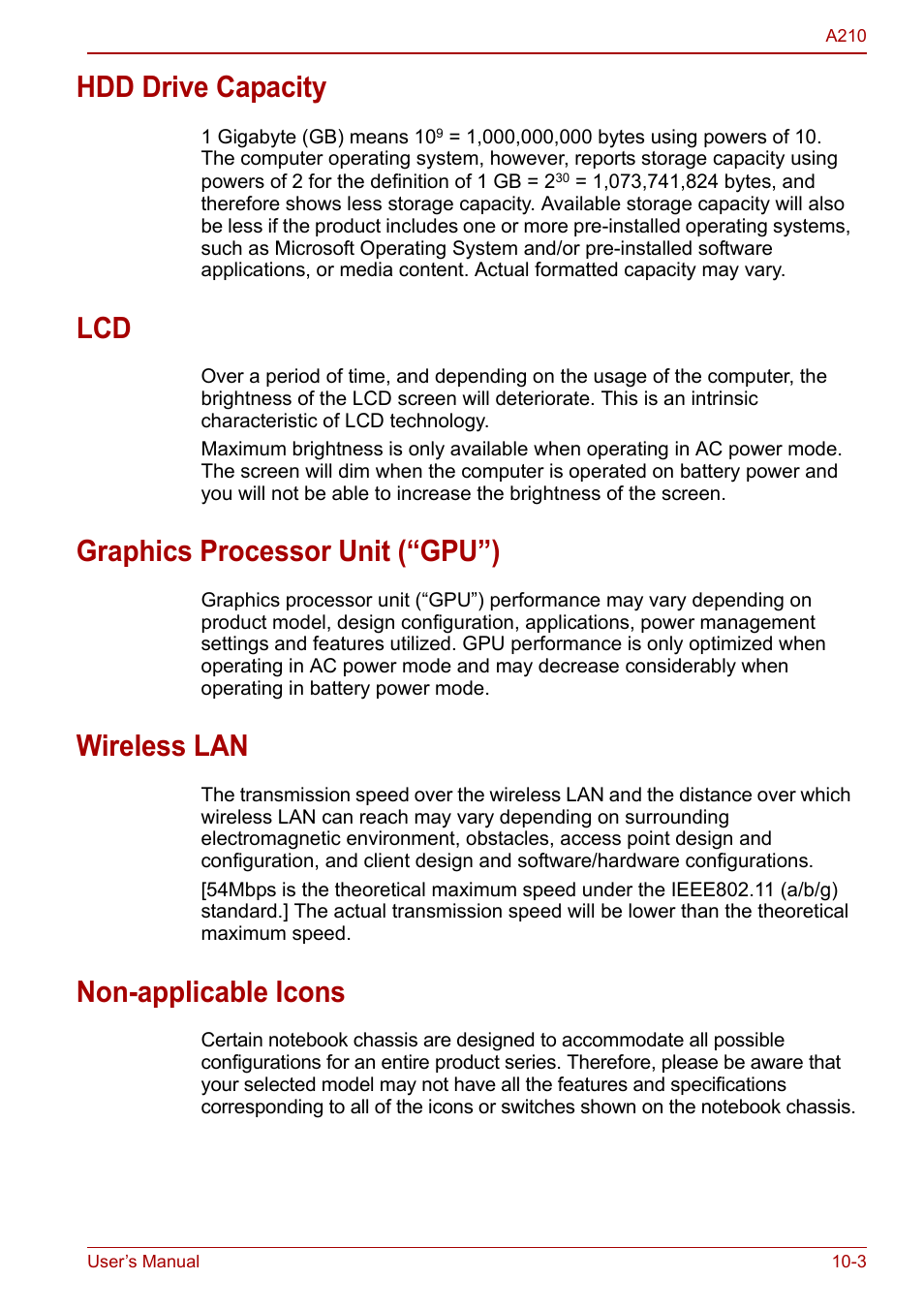 Hdd drive capacity, Graphics processor unit (“gpu”), Wireless lan | Non-applicable icons | Toshiba Equium A210 User Manual | Page 147 / 170