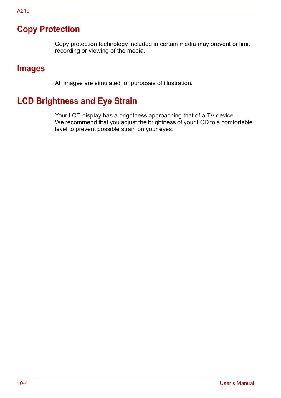 Copy protection, Images, Lcd brightness and eye strain | Toshiba Equium A210 User Manual | Page 148 / 170