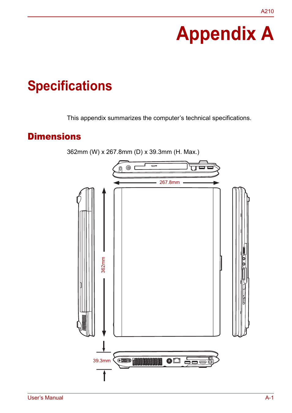 Appendix a - specifications, Appendix a, Specifications | Dimensions | Toshiba Equium A210 User Manual | Page 149 / 170