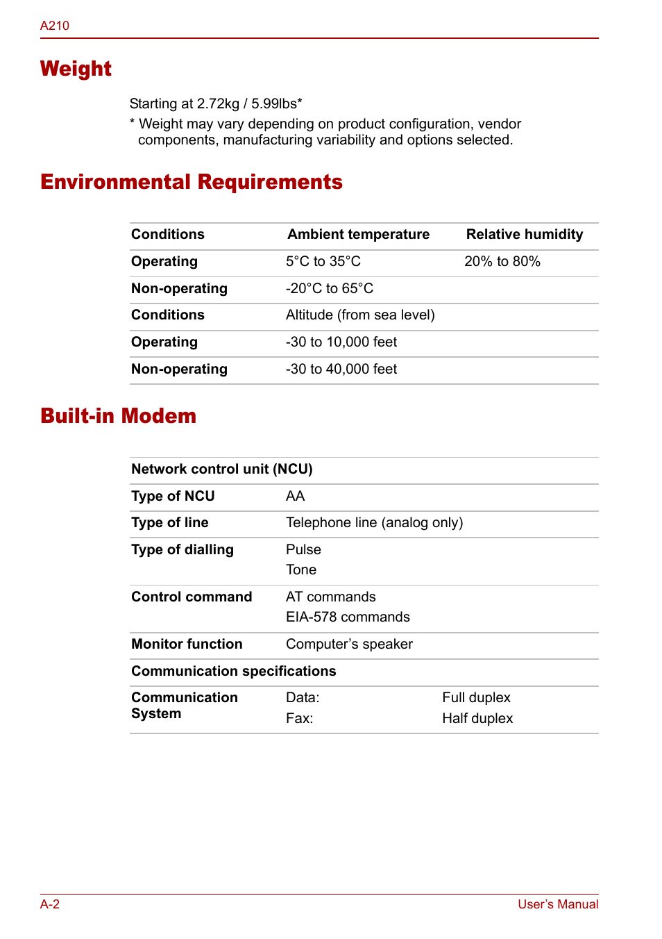 Weight, Environmental requirements built-in modem | Toshiba Equium A210 User Manual | Page 150 / 170