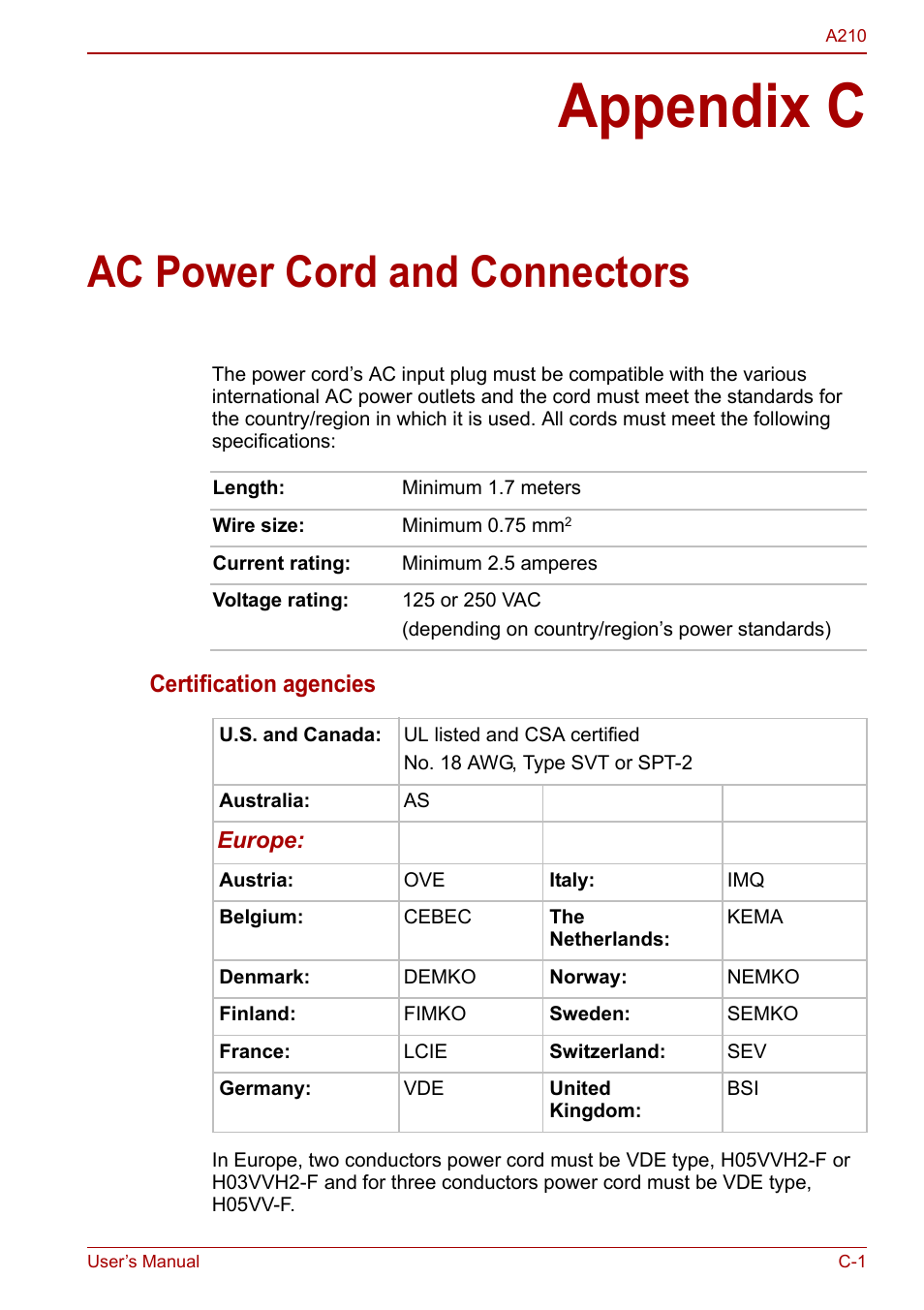 Appendix c - ac power cord and connectors, Appendix c, Ac power cord and connectors | Toshiba Equium A210 User Manual | Page 157 / 170