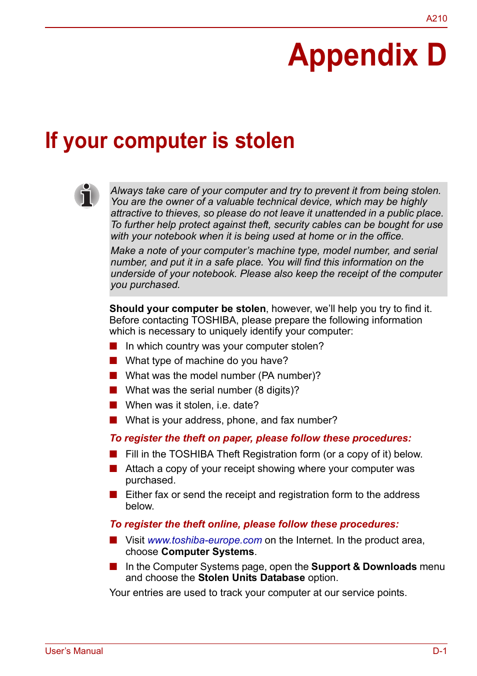 Appendix d - if your computer is stolen, Appendix d, If your computer is stolen | Toshiba Equium A210 User Manual | Page 159 / 170