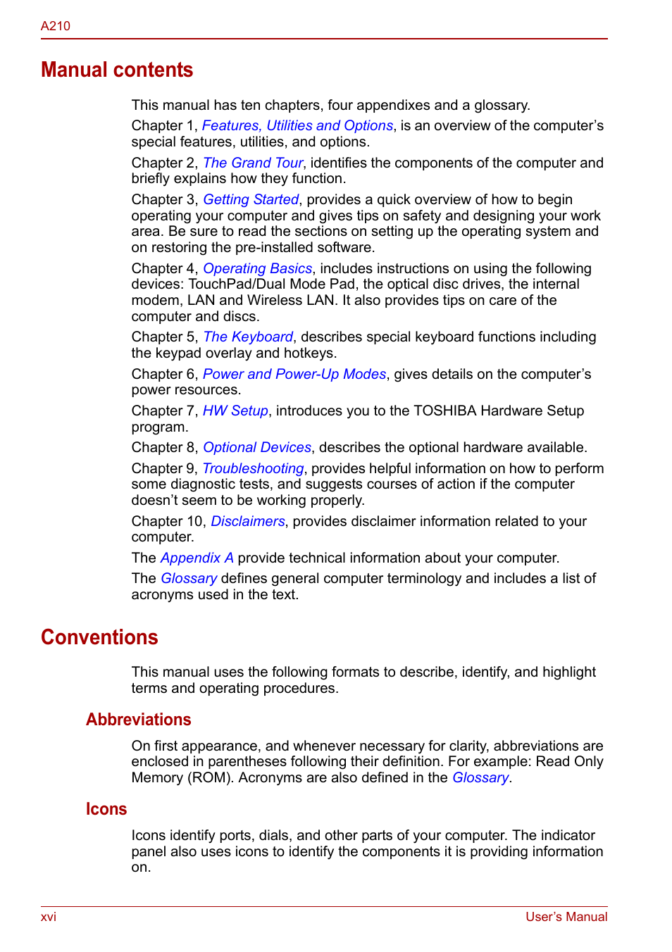 Manual contents, Conventions, Abbreviations | Icons | Toshiba Equium A210 User Manual | Page 16 / 170