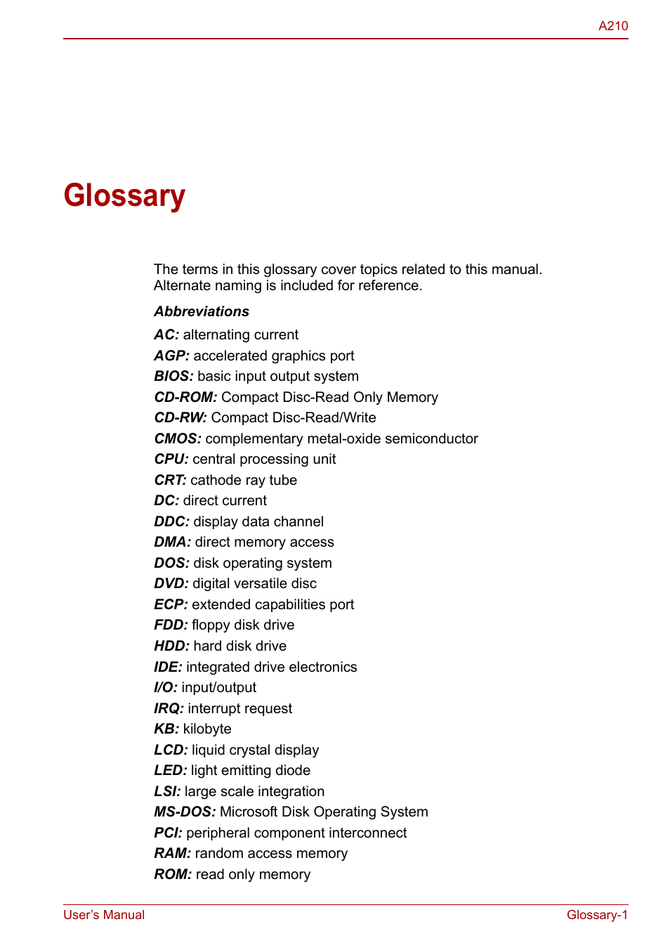 Glossary | Toshiba Equium A210 User Manual | Page 161 / 170