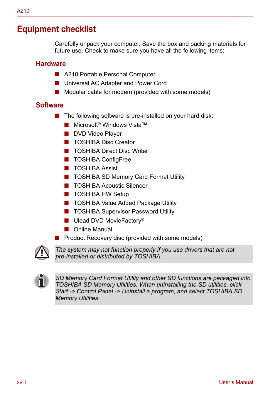 Equipment checklist, Hardware, Software | Toshiba Equium A210 User Manual | Page 18 / 170