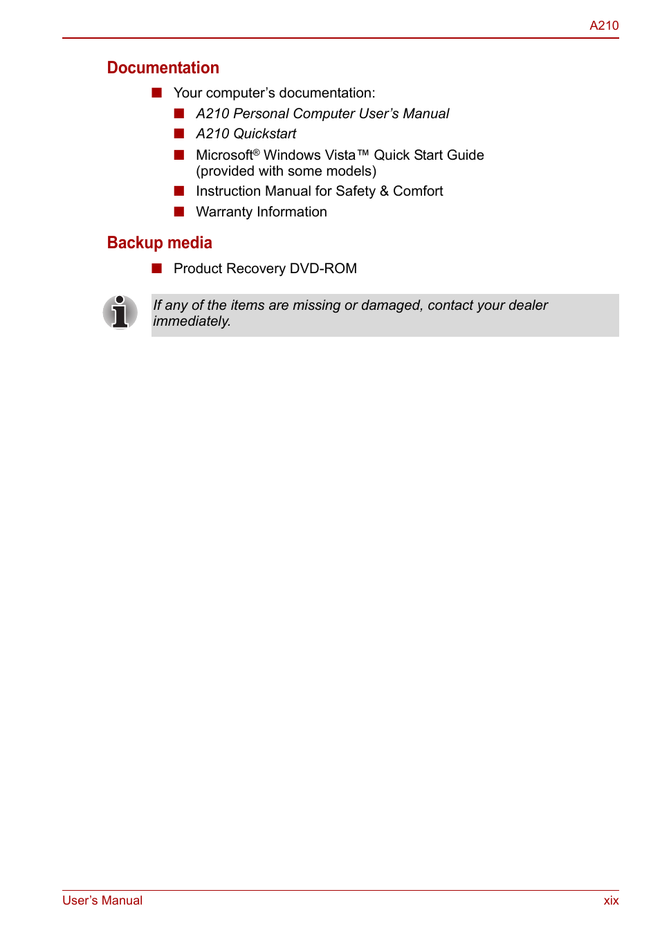 Documentation, Backup media | Toshiba Equium A210 User Manual | Page 19 / 170