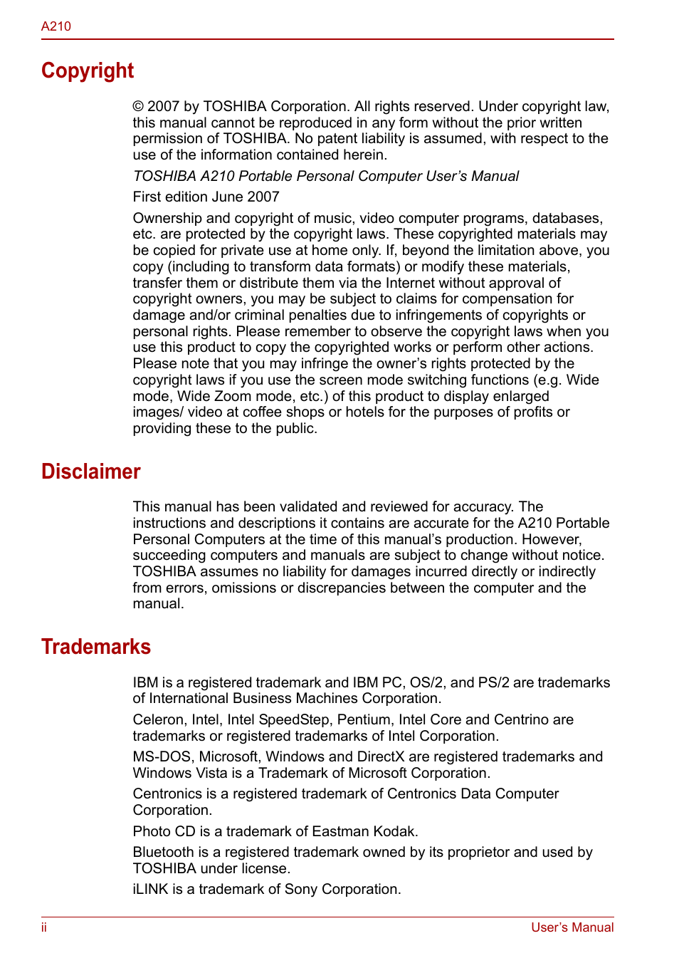 Copyright, Disclaimer, Trademarks | Toshiba Equium A210 User Manual | Page 2 / 170