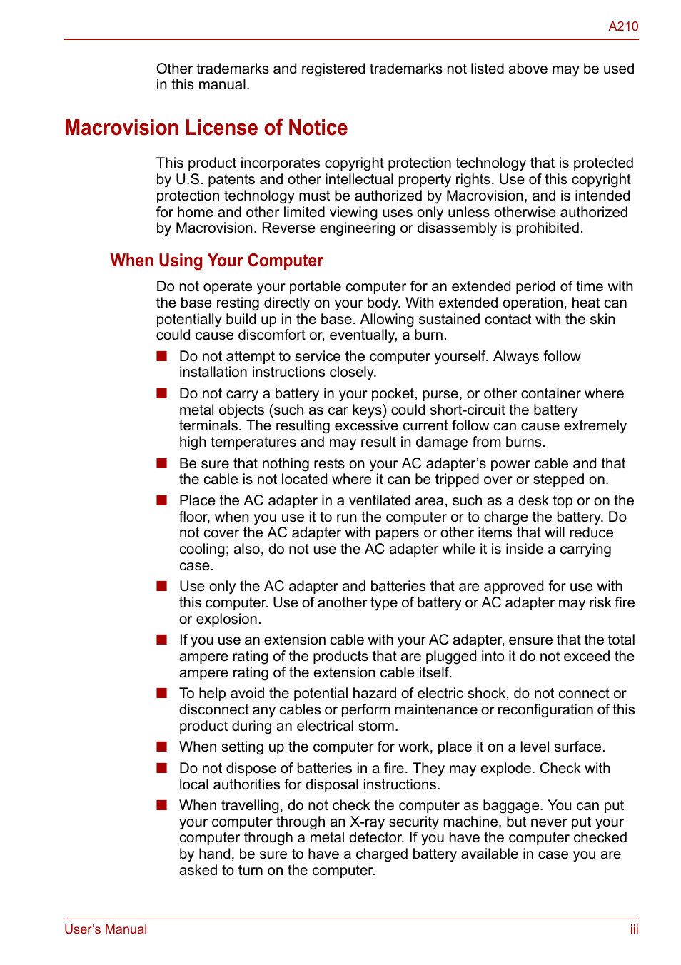 Macrovision license of notice, When using your computer | Toshiba Equium A210 User Manual | Page 3 / 170