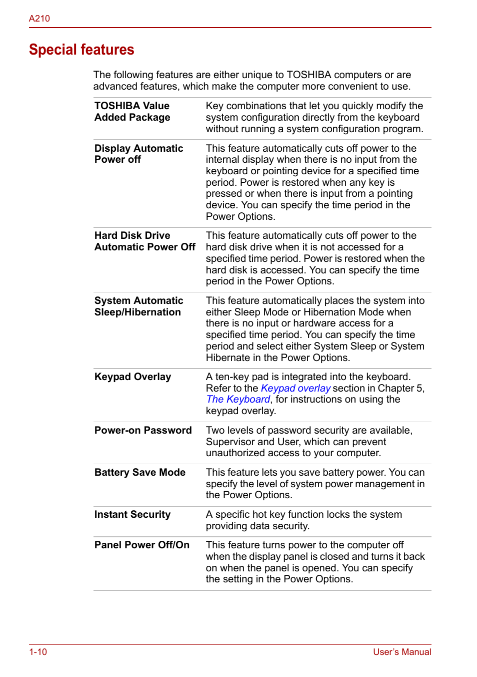 Special features, Special features -10 | Toshiba Equium A210 User Manual | Page 30 / 170