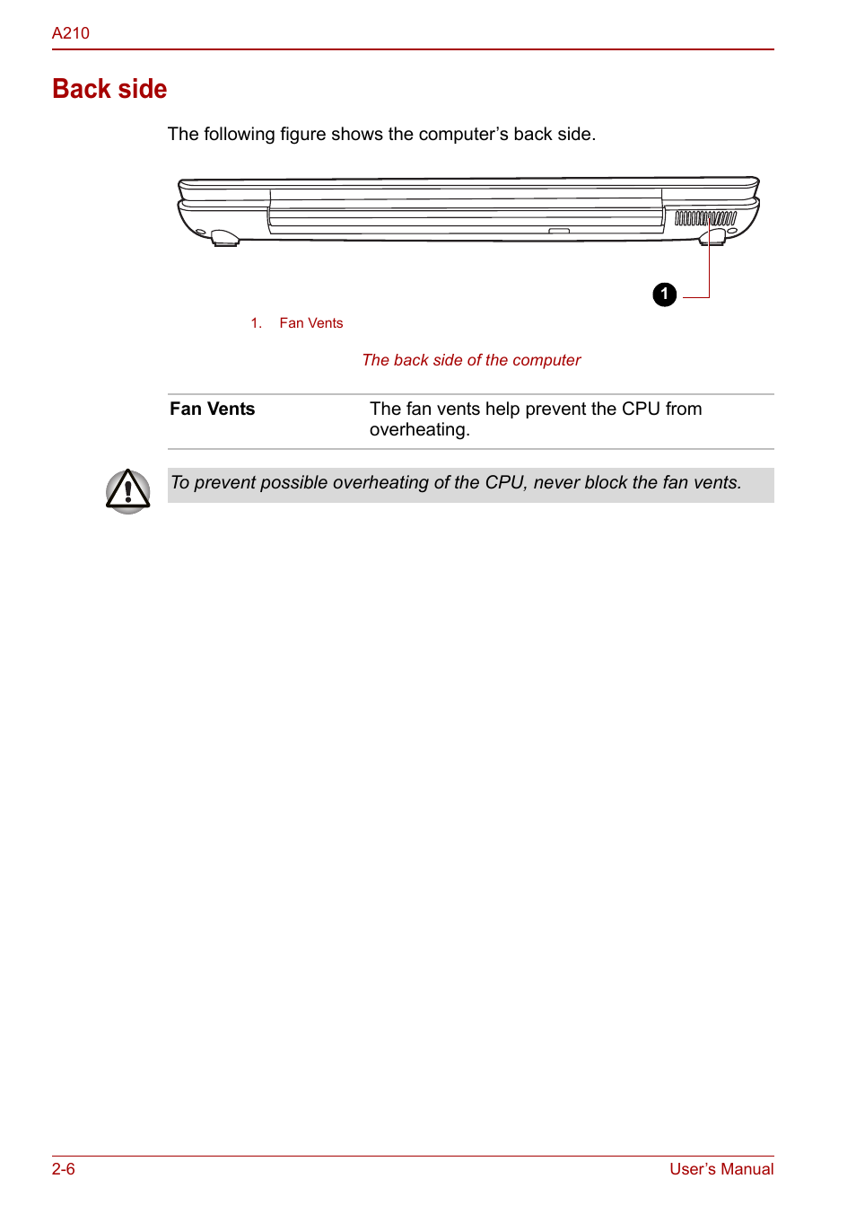 Back side, Back side -6 | Toshiba Equium A210 User Manual | Page 40 / 170