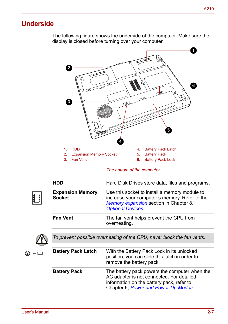 Underside, Underside -7 | Toshiba Equium A210 User Manual | Page 41 / 170