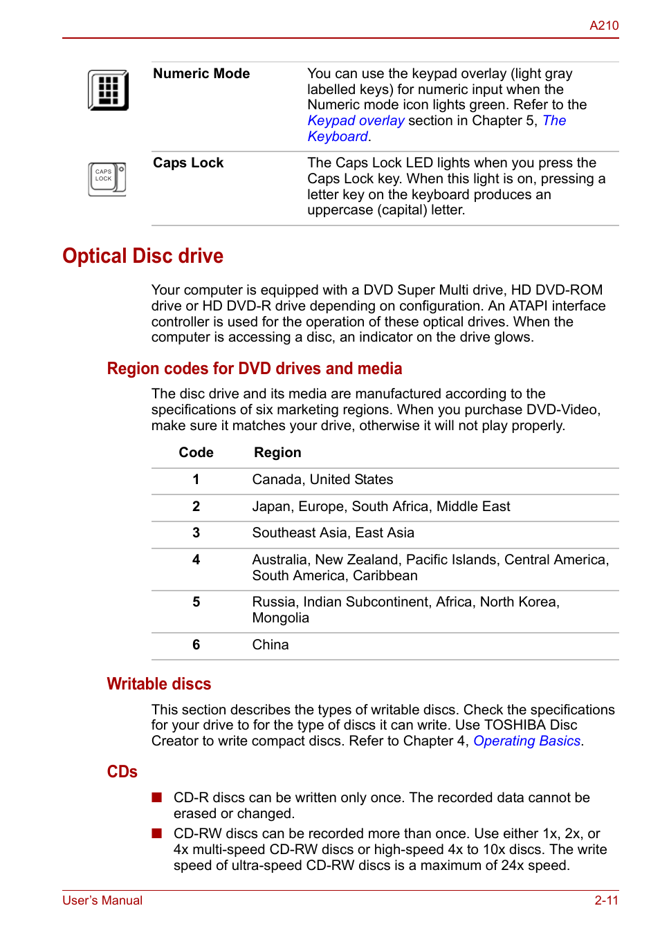 Optical disc drive, Optical disc drive -11, Region codes for dvd drives and media | Writable discs | Toshiba Equium A210 User Manual | Page 45 / 170