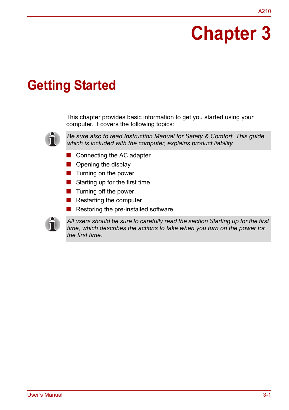 Chapter 3 - getting started, Chapter 3, Getting started | For s, For det, Apter 3, Getting, Started | Toshiba Equium A210 User Manual | Page 49 / 170