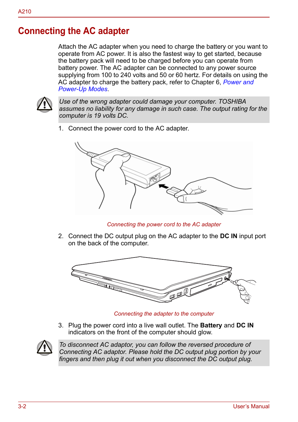 Connecting the ac adapter, Connecting the ac adapter -2 | Toshiba Equium A210 User Manual | Page 50 / 170