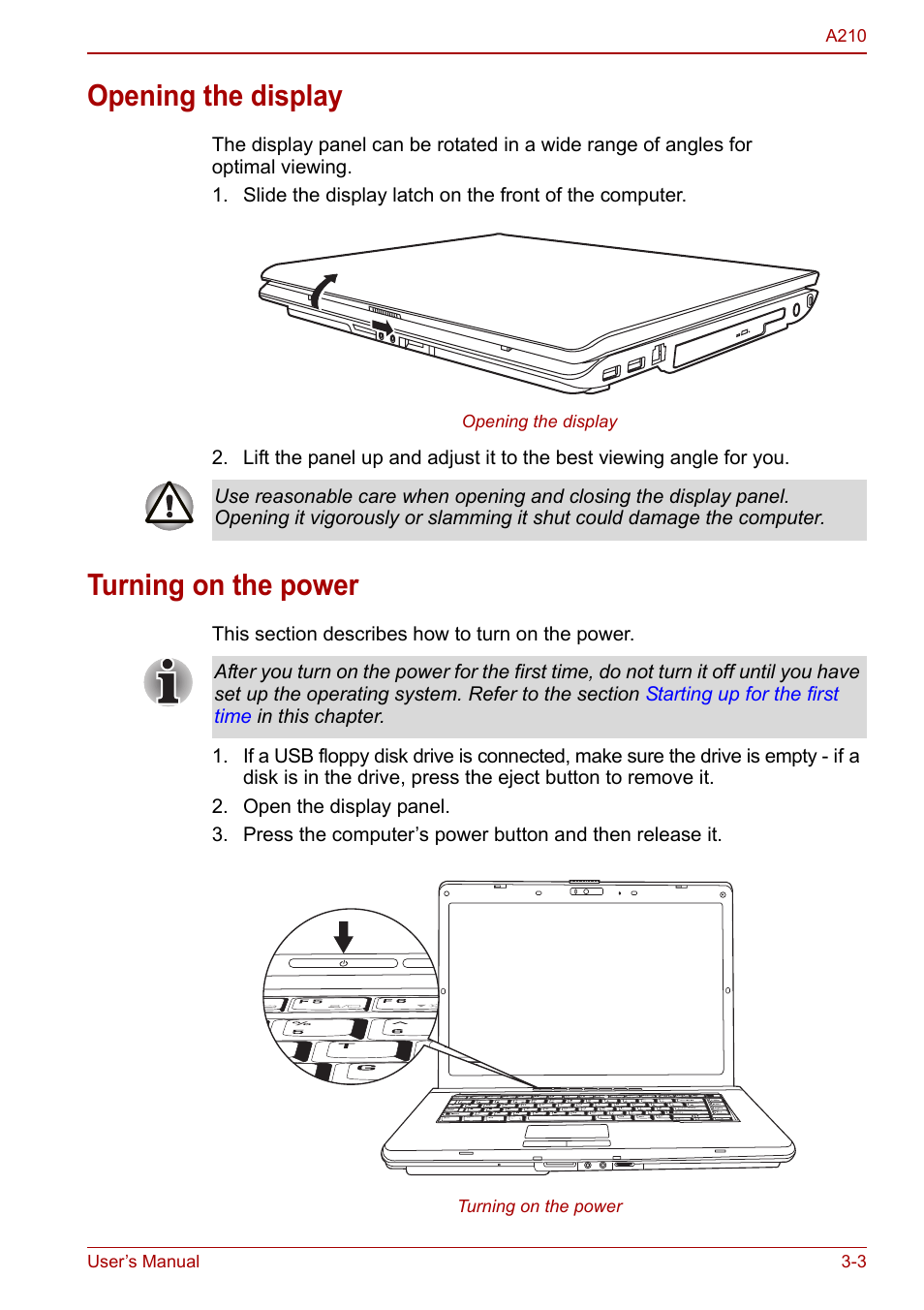 Opening the display, Turning on the power, Opening the display -3 turning on the power -3 | Turning, On the power | Toshiba Equium A210 User Manual | Page 51 / 170