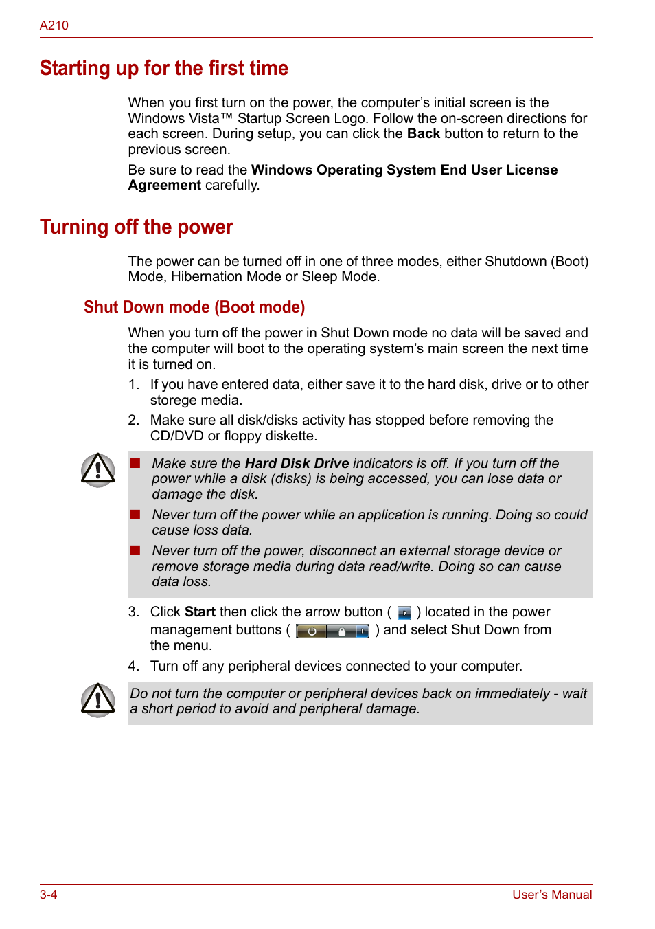 Starting up for the first time, Turning off the power, Shut down mode (boot mode) | Toshiba Equium A210 User Manual | Page 52 / 170