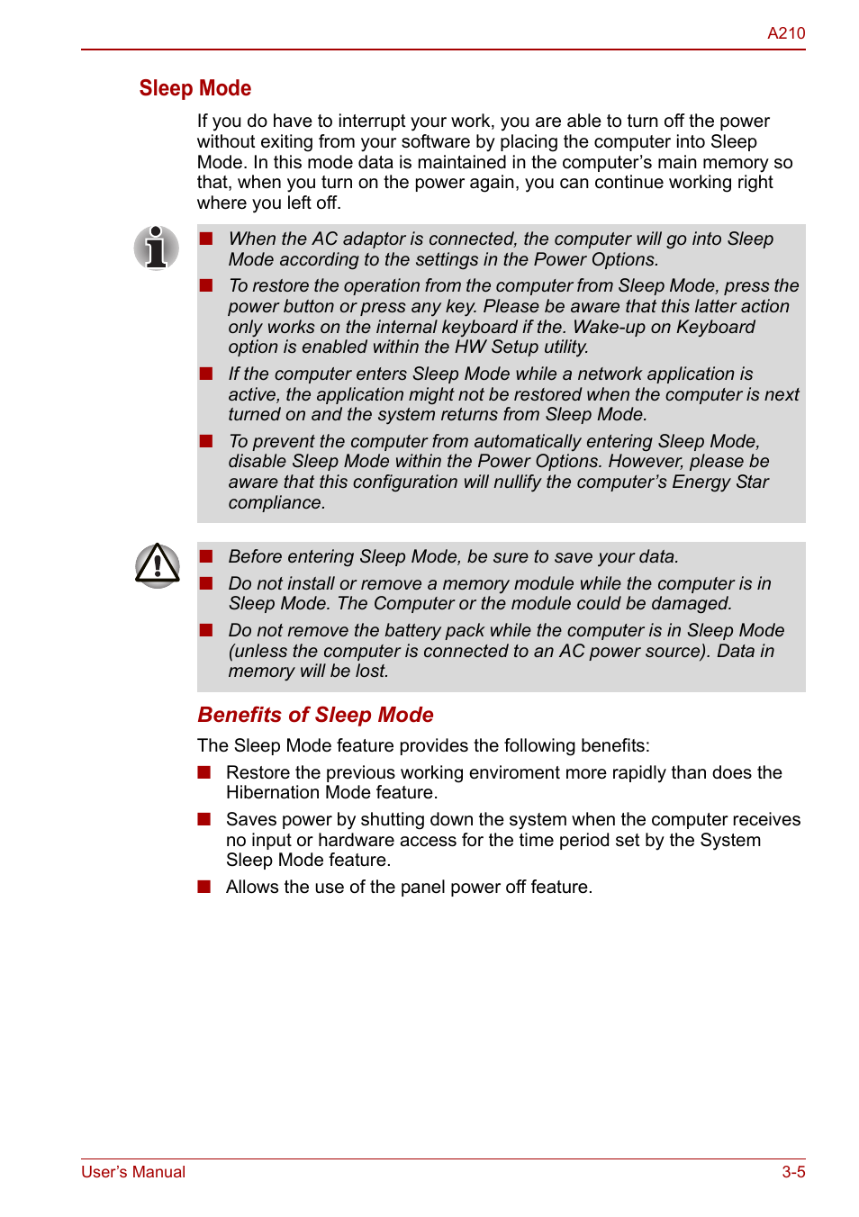 Sleep mode | Toshiba Equium A210 User Manual | Page 53 / 170