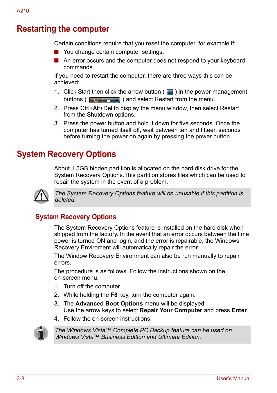 Restarting the computer, System recovery options | Toshiba Equium A210 User Manual | Page 56 / 170