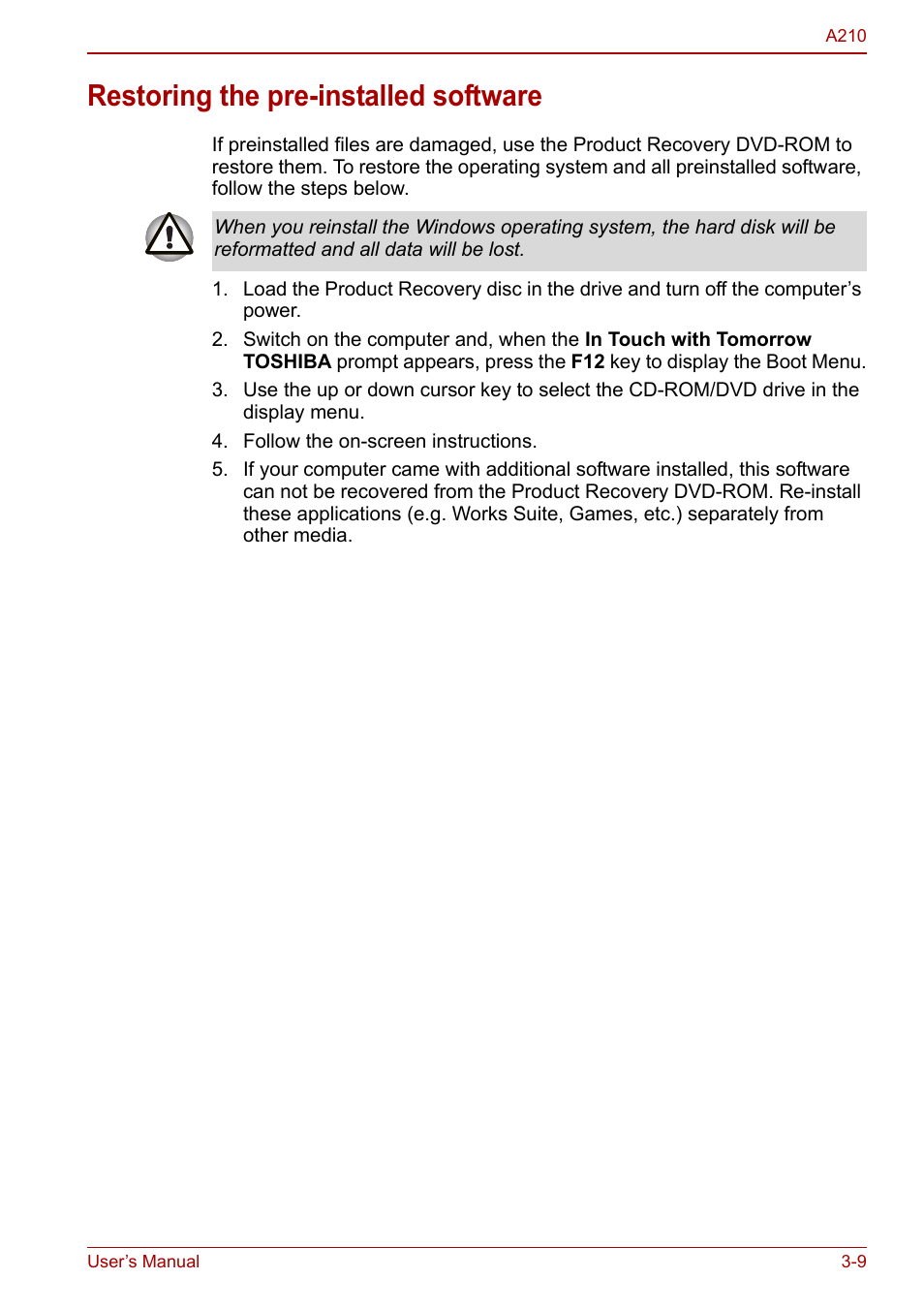 Restoring the pre-installed software, Restoring the pre-installed software -9 | Toshiba Equium A210 User Manual | Page 57 / 170