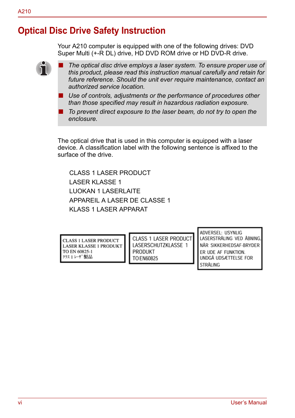 Optical disc drive safety instruction | Toshiba Equium A210 User Manual | Page 6 / 170