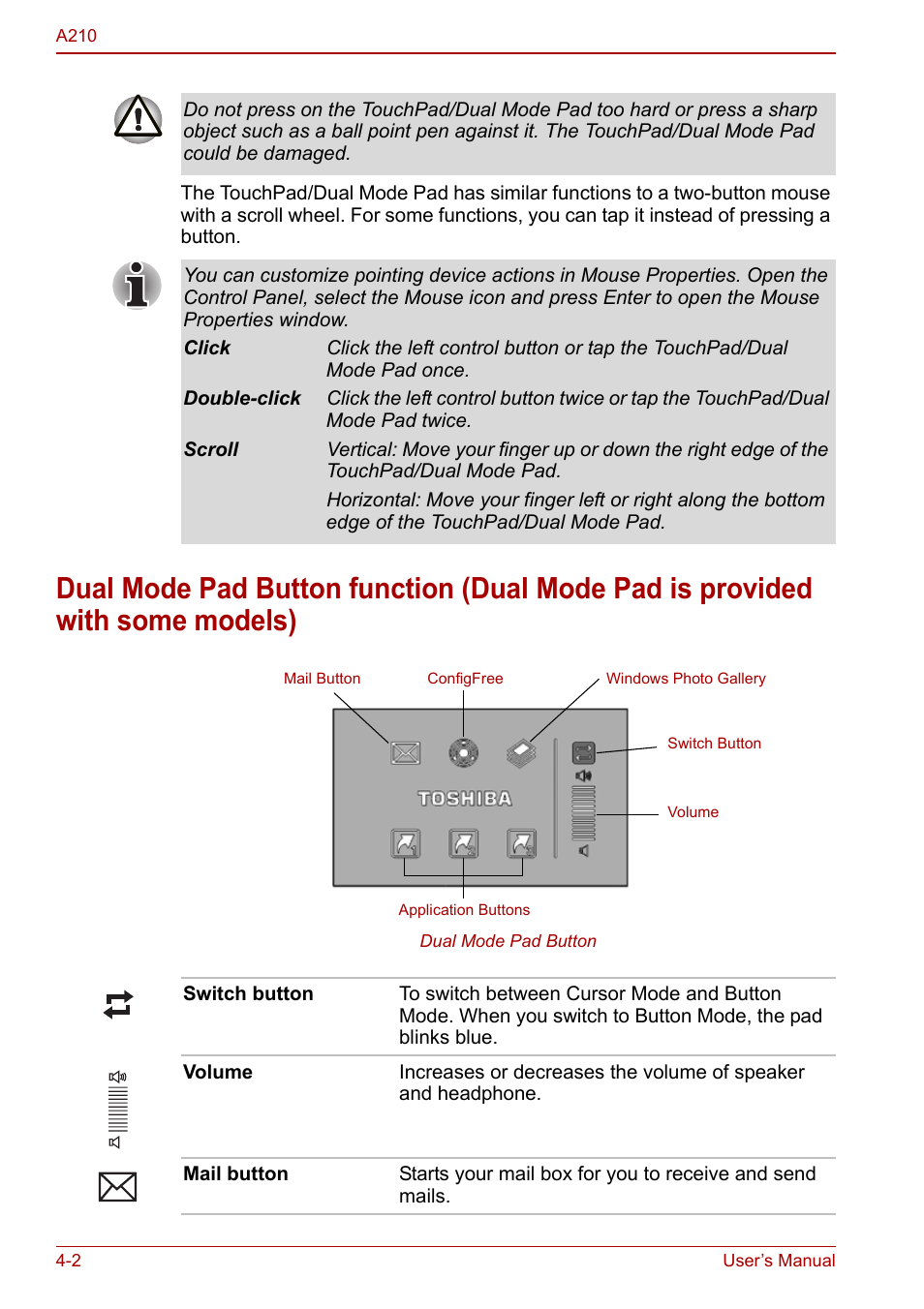 Dual mode pad button function, Dual mode pad is provided with some models) -2 | Toshiba Equium A210 User Manual | Page 60 / 170