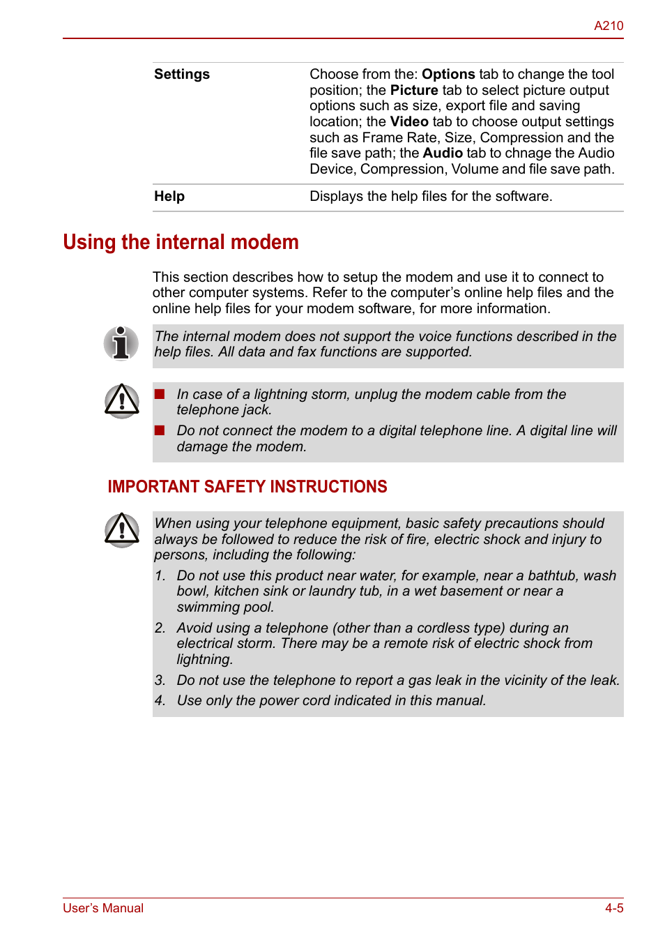 Using the internal modem, Using the internal modem -5, Important safety instructions | Toshiba Equium A210 User Manual | Page 63 / 170