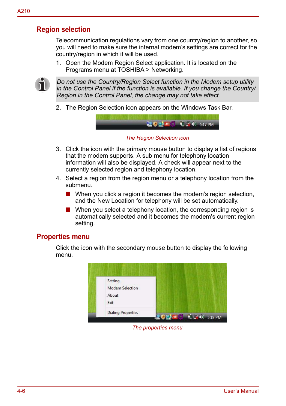 Region selection, Properties menu | Toshiba Equium A210 User Manual | Page 64 / 170