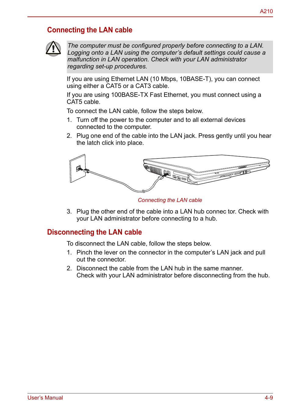 Connecting the lan cable, Disconnecting the lan cable | Toshiba Equium A210 User Manual | Page 67 / 170