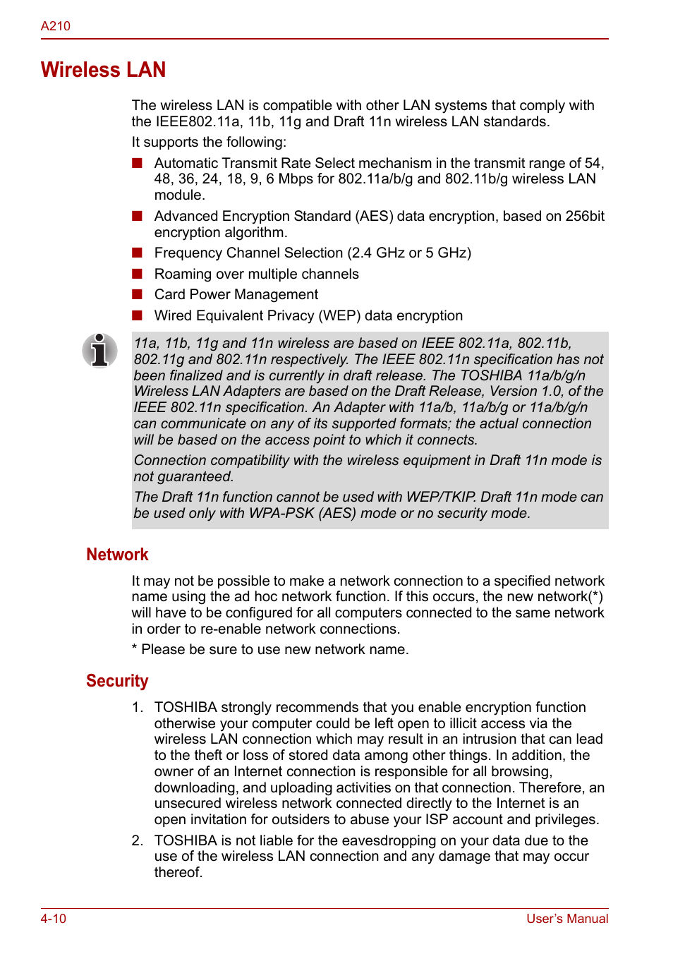 Wireless lan, Wireless lan -10, Network | Security | Toshiba Equium A210 User Manual | Page 68 / 170